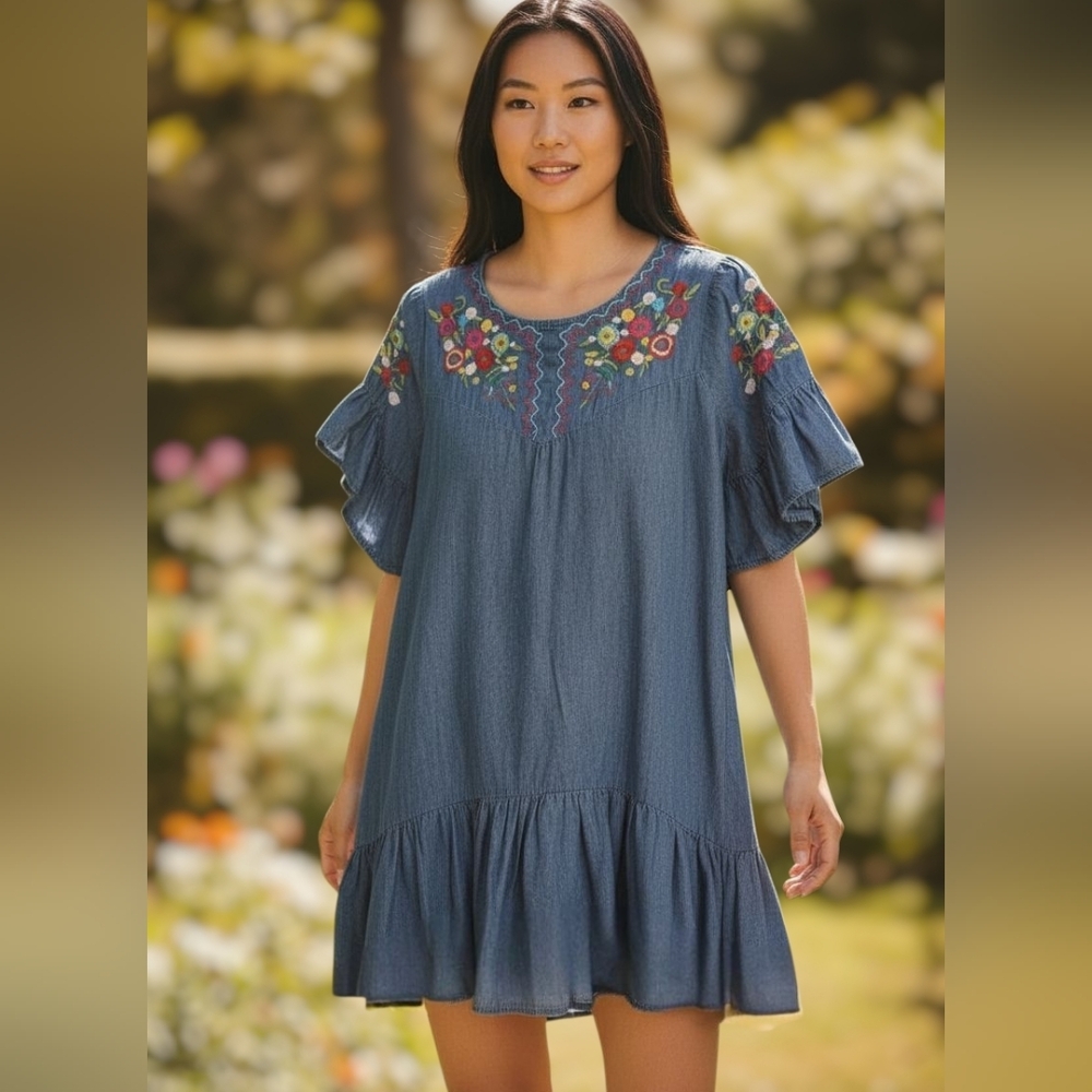 Love Fashion Embroidered Chambray Ruffle Hem Dress Boho Floral Denim Tunic